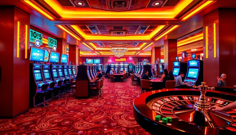 Experience the excitement of new888 at a vibrant casino with slot machines and poker action.