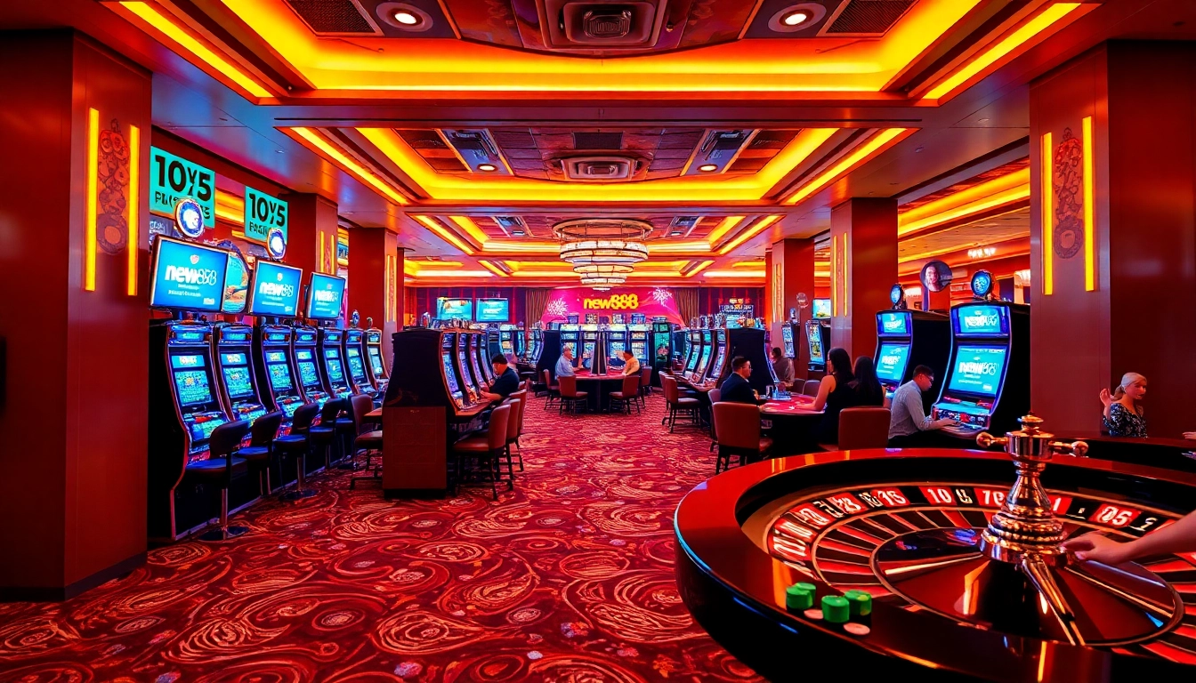 Experience the excitement of new888 at a vibrant casino with slot machines and poker action.