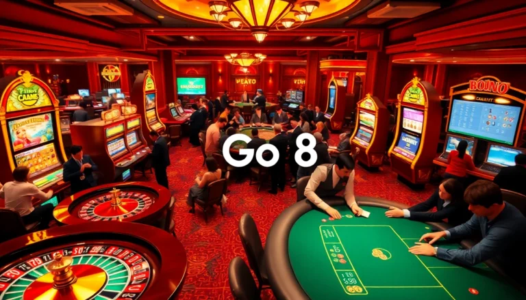 In a lively casino setting, players at the Go8 roulette table eagerly place their bets, embodying the thrill of gambling.