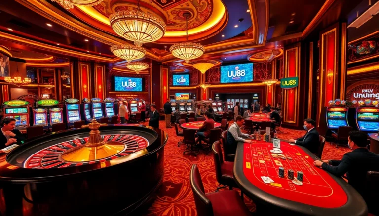 UU88 casino with thrilling poker tables, vibrant roulette wheel, and lush slot machines.