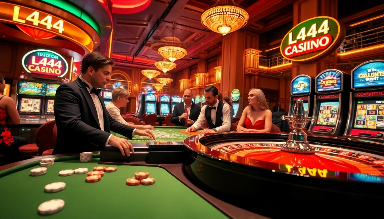 L444 Casino scene with players betting at a roulette table, showcasing excitement in a luxurious atmosphere.