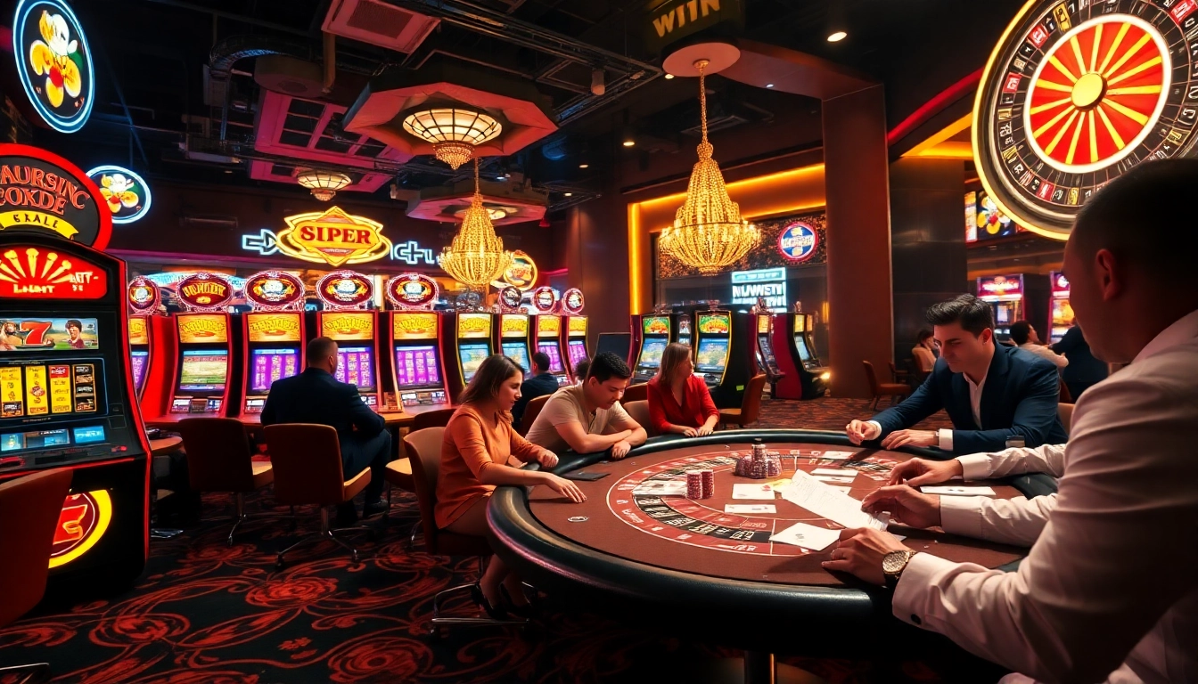 Kuwincom slot machines and roulette wheels light up the vibrant casino floor.