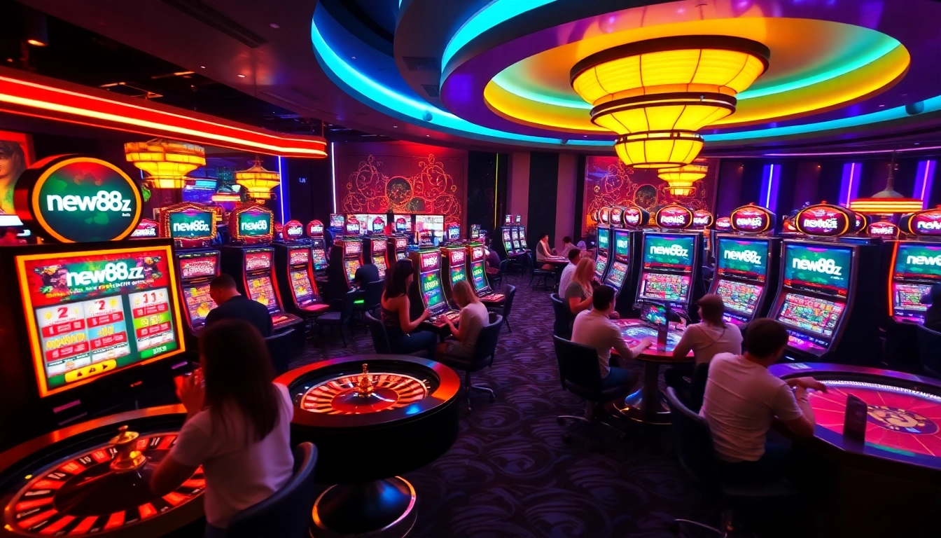 Experience the thrill of online gambling at new88.cz with vibrant slot machines and a roulette wheel.