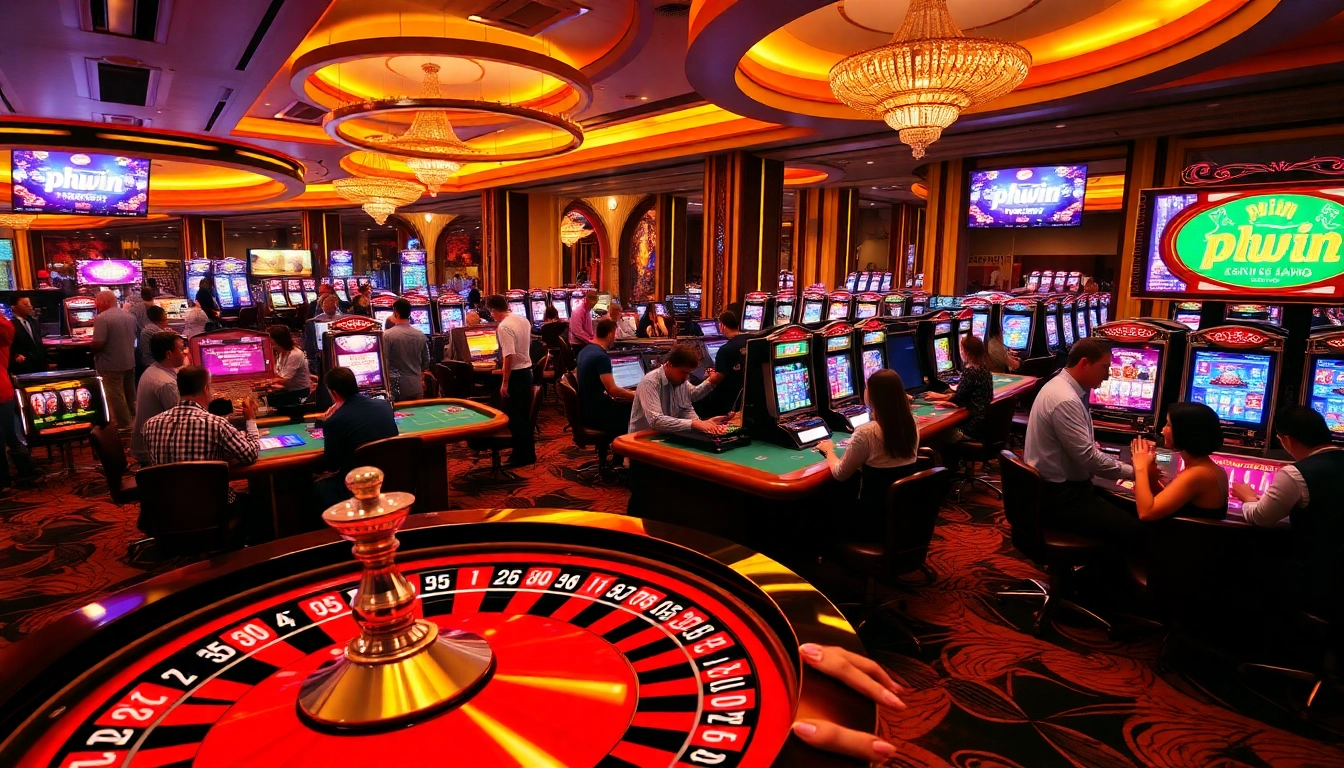 Engaged players at a phwin casino, featuring roulette, dice, and vibrant slot machines in action.