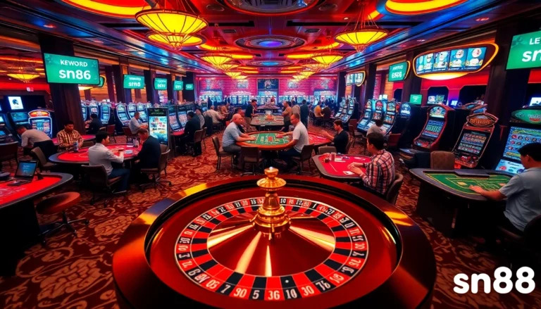 sn88 gamblers celebrating a win at an exciting casino scene with roulette and poker tables.