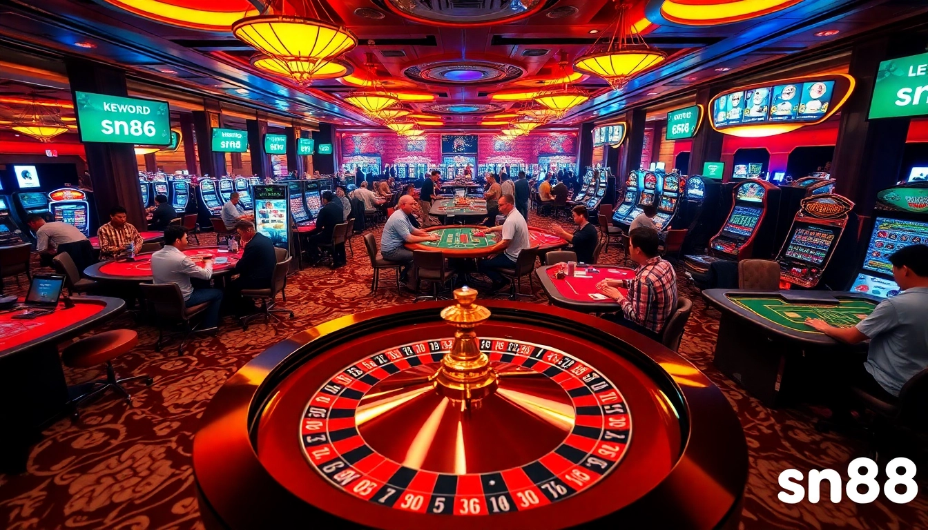 sn88 gamblers celebrating a win at an exciting casino scene with roulette and poker tables.