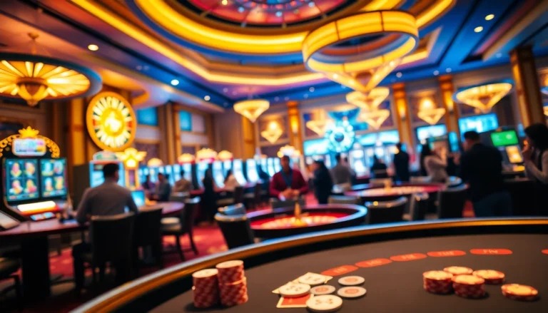 Engaging casino scene showcasing the thrill of 789f com with vibrant tables, cards, and roulette.