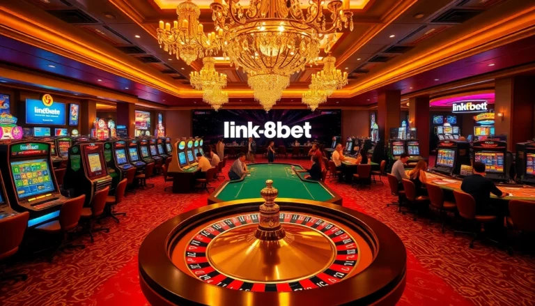 Experience thrilling casino action with the link f8bet featuring vibrant slot machines and a roulette wheel in a luxurious setting.