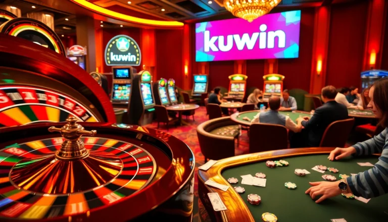 Kuwin casino scene showcasing vibrant roulette and slot machines, creating an electrifying gambling atmosphere.