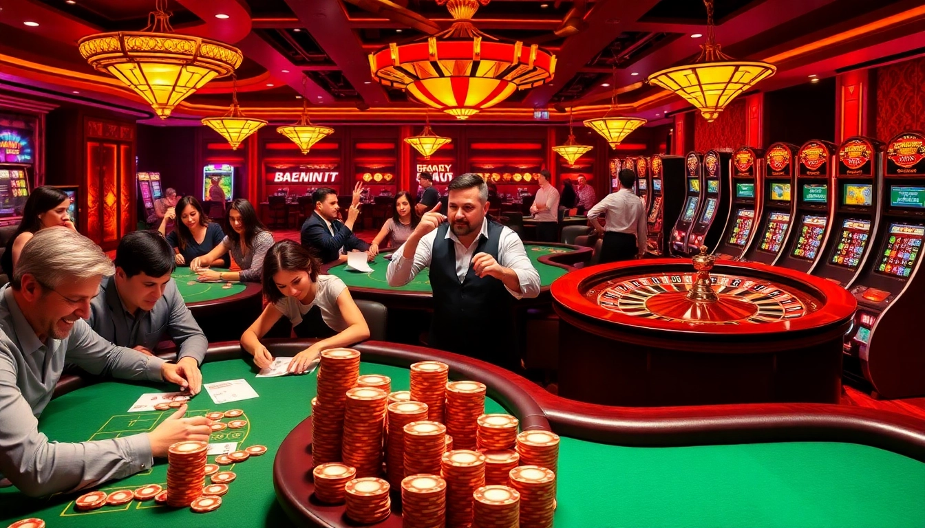 Players are betting at a vibrant casino with poker, roulette, and 1gom-themed games.