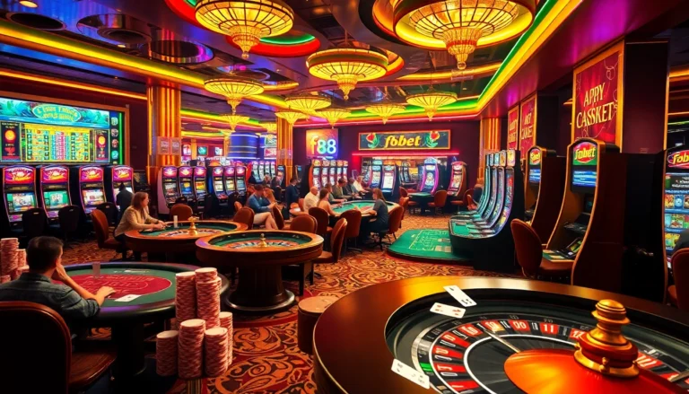 Exciting scene featuring f8bet gamblers at tables, vibrant slots, and dynamic betting activity in a luxury casino.