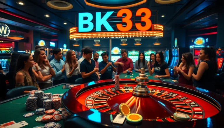 Excited players at BK33 Casino gather around a roulette table, enhancing the thrill of the gambling experience.