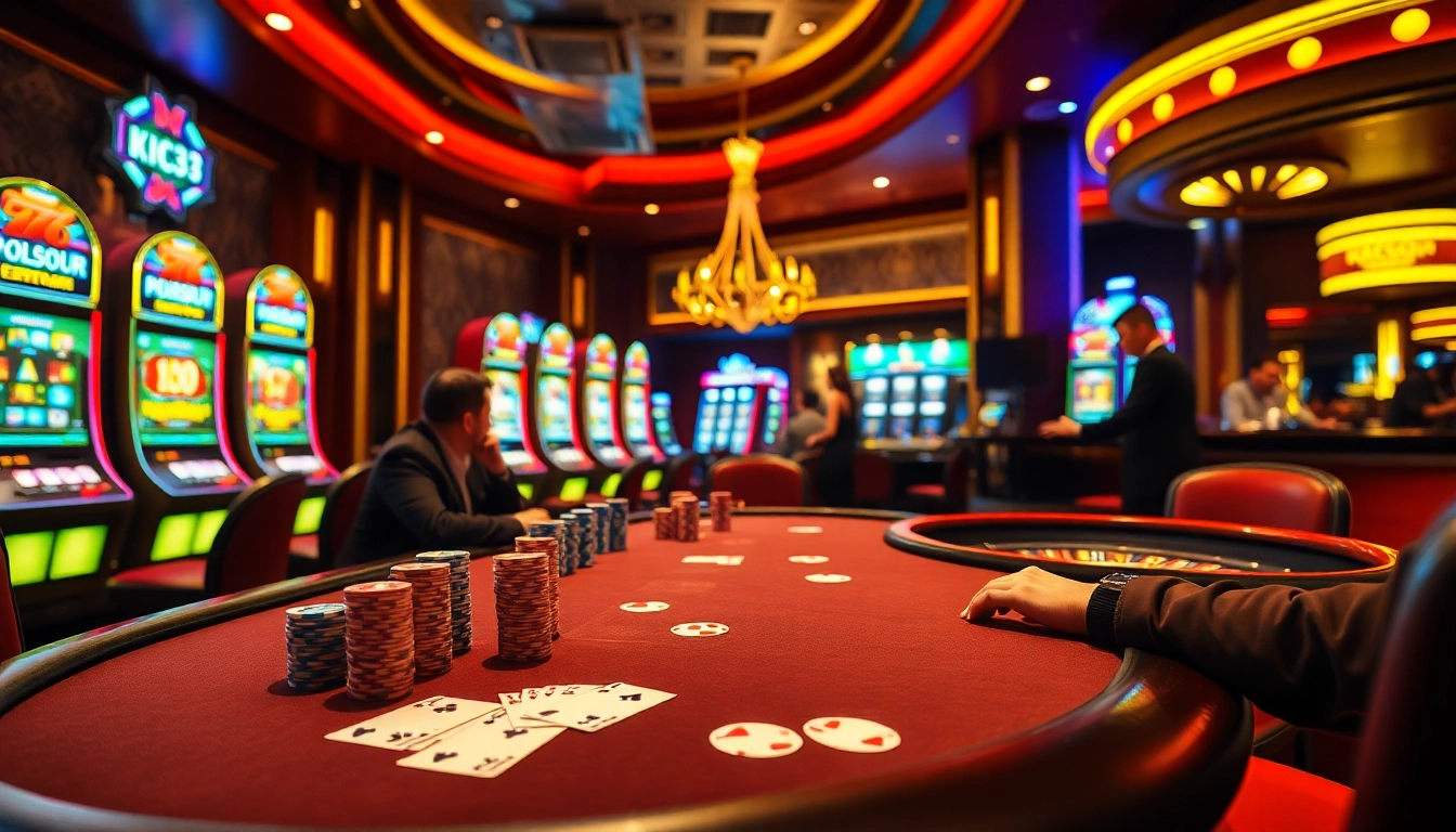 Experience the thrill of bk33 gaming in a vibrant casino scene with poker tables, slot machines, and exhilarating action.