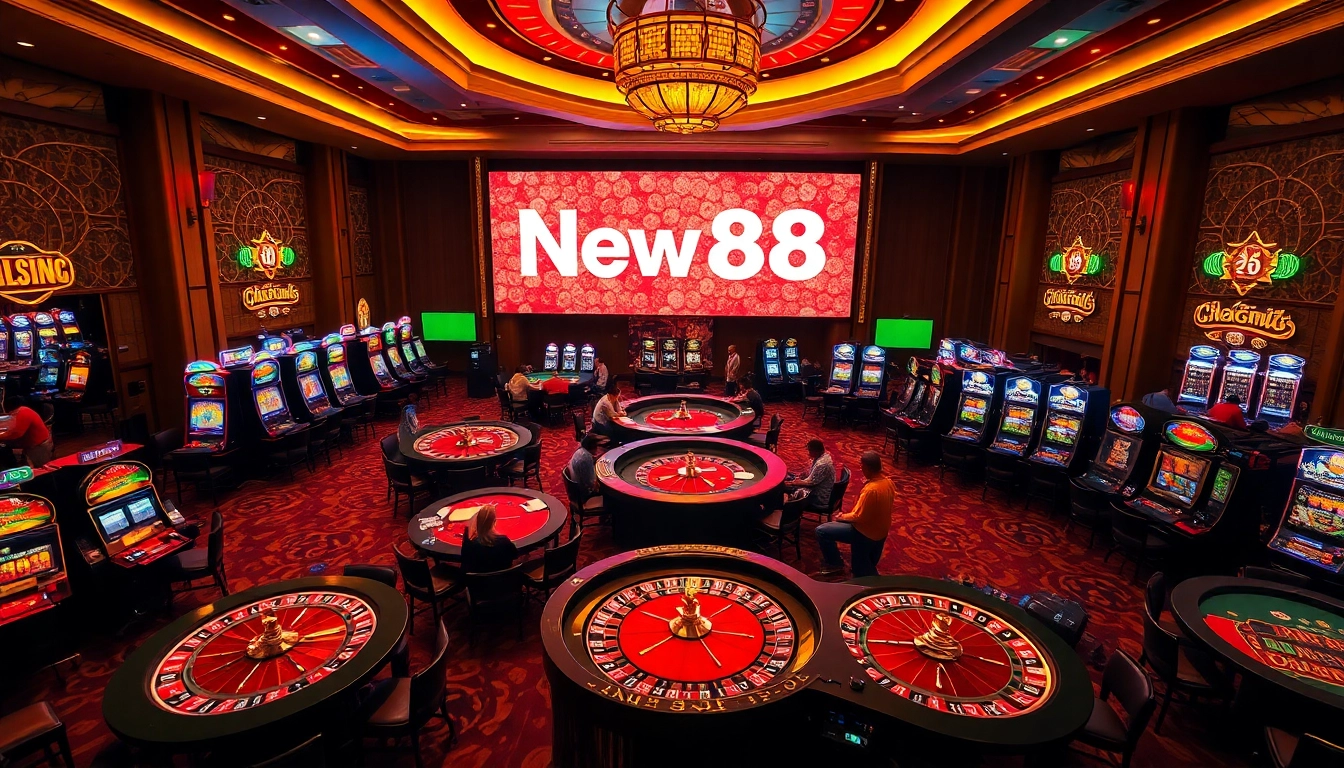 New88 casino patrons enjoying a lively roulette game with vibrant lights.