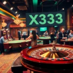 X333 casino event featuring high-stakes roulette, chip stacks, and vibrant slot machines creating an inviting atmosphere.