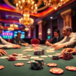 Experience the thrill of kp88 with a high-stakes poker game showcasing vibrant chips and intense gameplay.