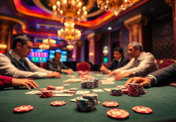 Experience the thrill of kp88 with a high-stakes poker game showcasing vibrant chips and intense gameplay.