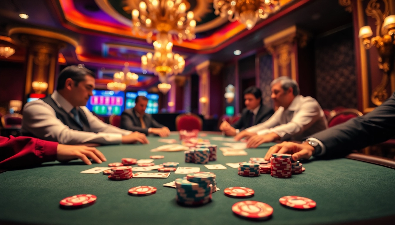 Experience the thrill of kp88 with a high-stakes poker game showcasing vibrant chips and intense gameplay.